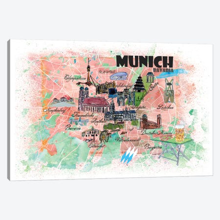 Munich Bavaria Illustrated Map Canvas Print #MMB107} by Markus & Martina Bleichner Art Print