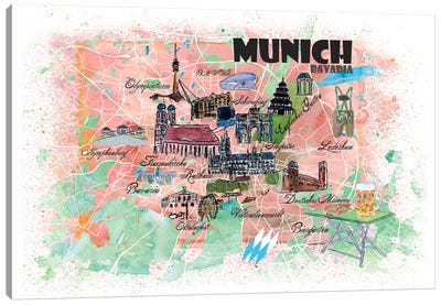 Munich Bavaria Illustrated Map Canvas Art Print - Munich Art