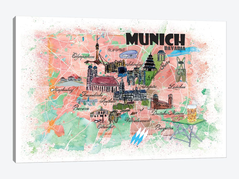 Munich Bavaria Illustrated Map by Markus & Martina Bleichner 1-piece Canvas Print