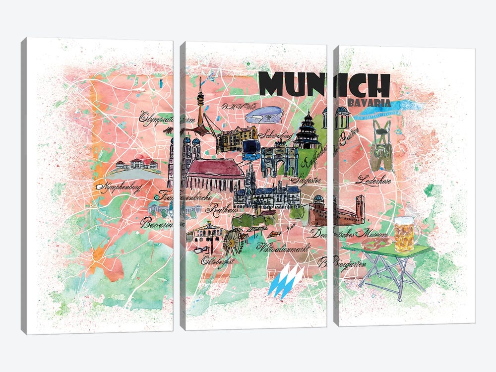 Munich Bavaria Illustrated Map by Markus & Martina Bleichner 3-piece Canvas Art Print