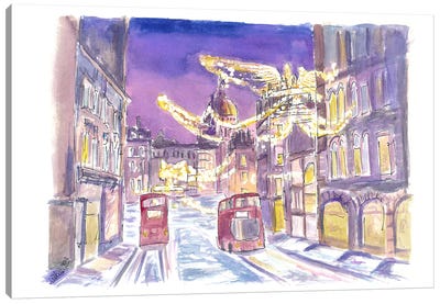 Nightly London England Streets In Winter Canvas Art Print - Snowscape Art
