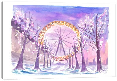 London England View Of Eye In Winter With Snow South Bank Canvas Art Print - Ferris Wheels