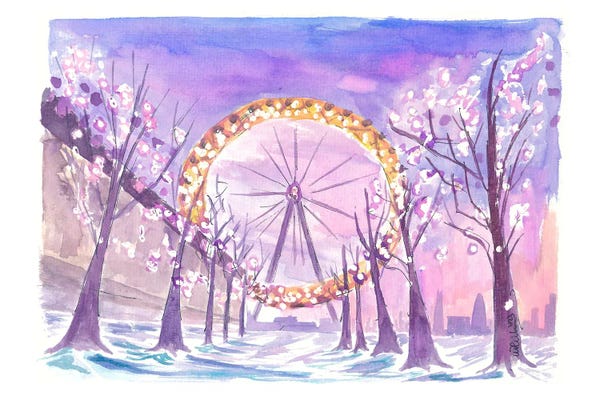 Markus & Martina Bleichner: London England View Of Eye In Winter With Snow South Bank by Markus & Martina Bleichner