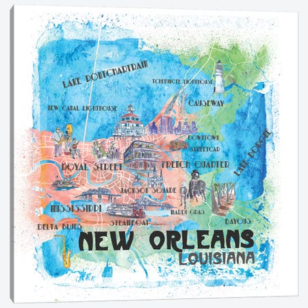 New Orleans Louisiana USA Illustrated Map Canvas Print #MMB108} by Markus & Martina Bleichner Canvas Wall Art