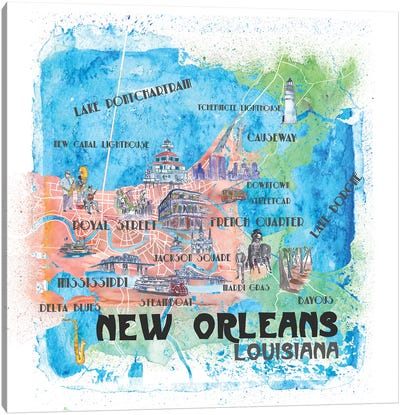 New Orleans Louisiana USA Illustrated Map Canvas Art Print - Kids Map Art