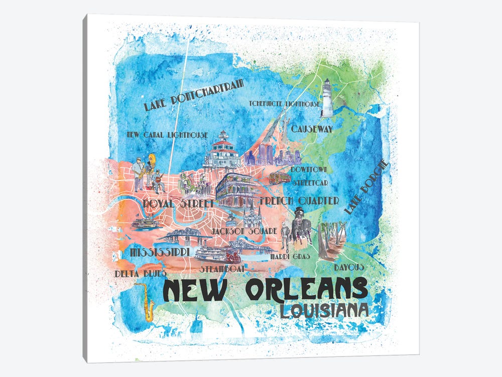 New Orleans Louisiana USA Illustrated Map by Markus & Martina Bleichner 1-piece Canvas Wall Art