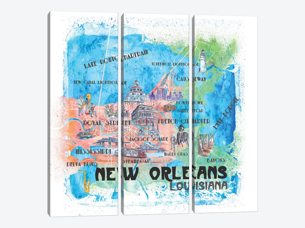 New Orleans Louisiana USA Illustrated Map by Markus & Martina Bleichner 3-piece Canvas Artwork