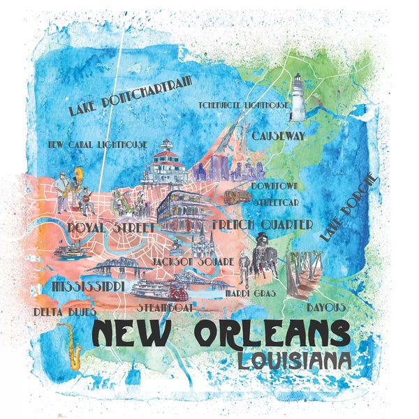 New Orleans: New Orleans Louisiana USA Illustrated Map by Markus & Martina Bleichner