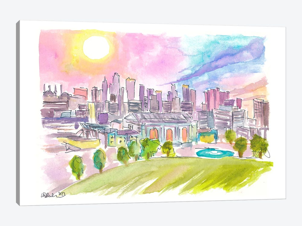 Kansas City Missouri Cityscape And Skyline In Watercolor Sunset by Markus & Martina Bleichner 1-piece Canvas Art
