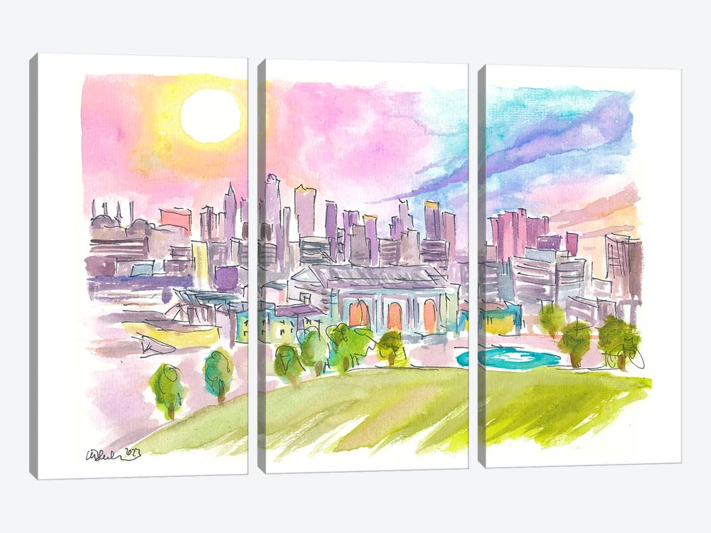 Kansas City Missouri Cityscape And Skyline In Watercolor Sunset by Markus & Martina Bleichner 3-piece Canvas Wall Art