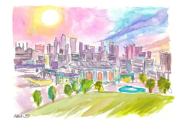 Missouri: Kansas City Missouri Cityscape And Skyline In Watercolor Sunset by Markus & Martina Bleichner