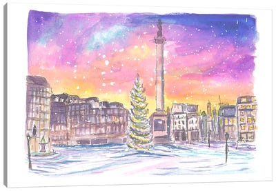 London Trafalgar Square Nelson With Snow At Night Canvas Art Print - Snowscape Art