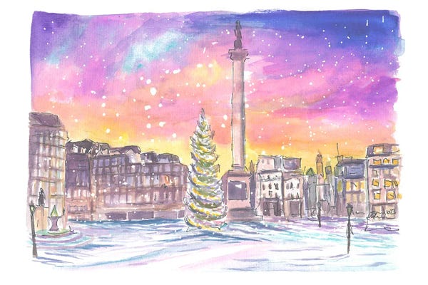 Markus & Martina Bleichner: London Trafalgar Square Nelson With Snow At Night by Markus & Martina Bleichner