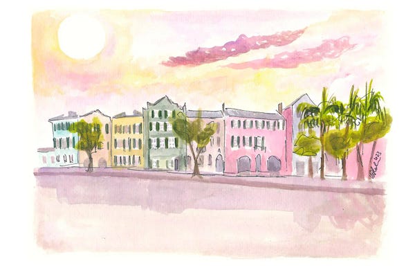 Rainbow Row Street Scene In Charleston South Carolina At Sunset