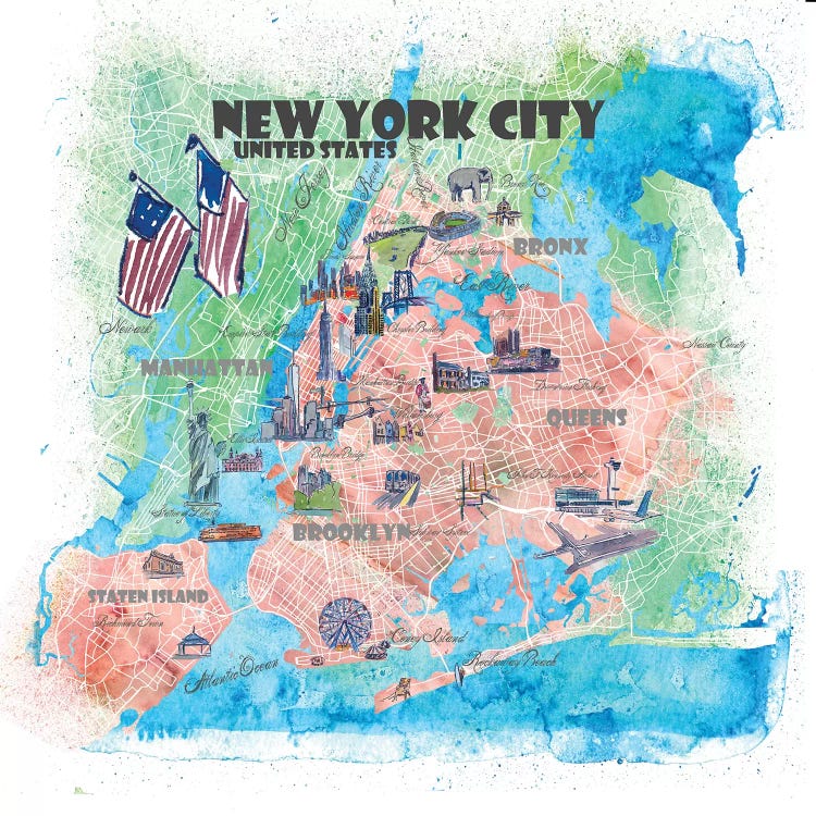 New York City USA Illustrated Map by Markus & Martina Bleichner wall art