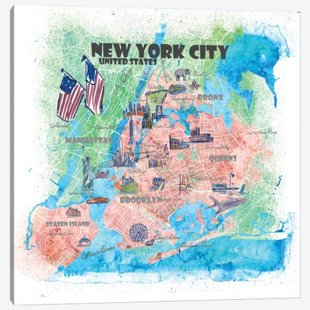 New York City USA Illustrated Map Canvas Print #MMB109} by Markus & Martina Bleichner Canvas Artwork