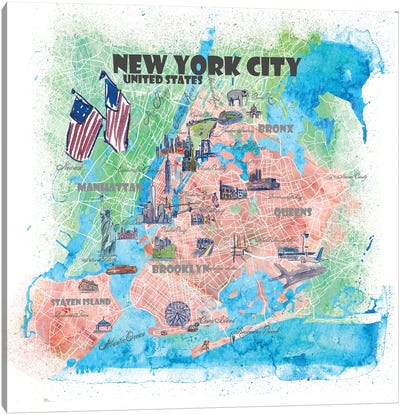 New York City USA Illustrated Map Canvas Art Print - New York City Map