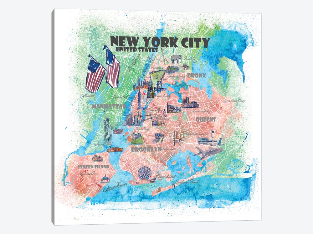 New York City USA Illustrated Map by Markus & Martina Bleichner 1-piece Canvas Print