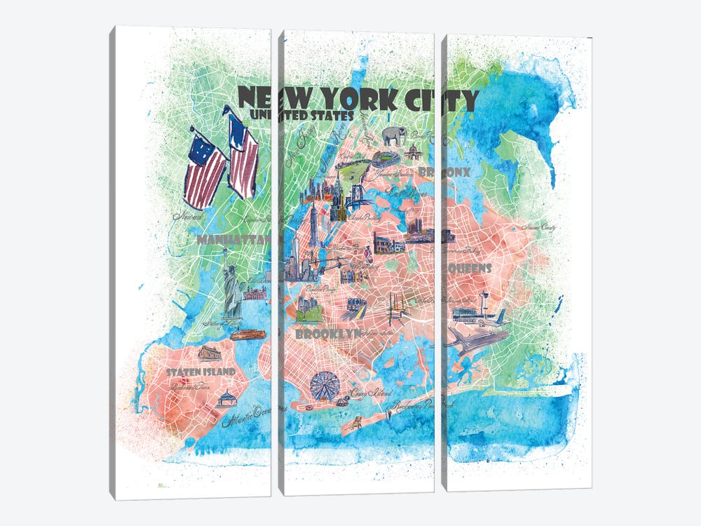 New York City USA Illustrated Map by Markus & Martina Bleichner 3-piece Art Print