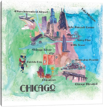Chicago, Illinois Travel Poster Canvas Art Print - Kids Map Art