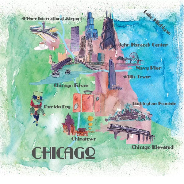 Kids Map Art: Chicago, Illinois Travel Poster by Markus & Martina Bleichner