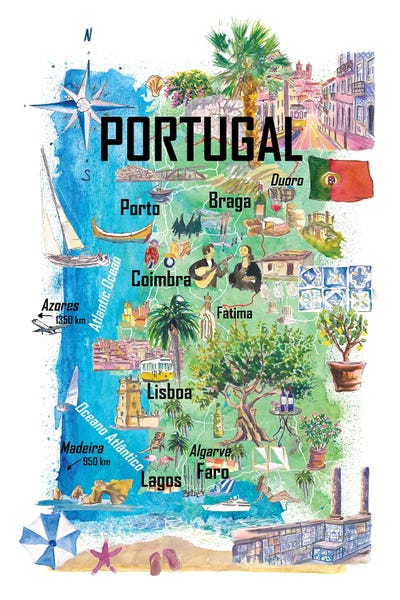 Canvas Print: Portugal Illustrated Map Travel Art With Touristic Highlights by Markus & Martina Bleichner - thumbnail