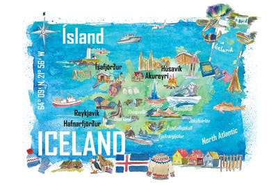 Canvas Print: Iceland Illustrated Travel Map With Landmarks And Highlights by Markus & Martina Bleichner - thumbnail