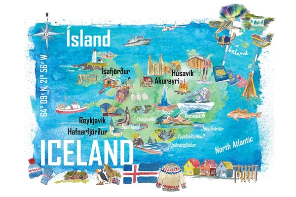Iceland Illustrated Travel Map With Landmarks And Highlights