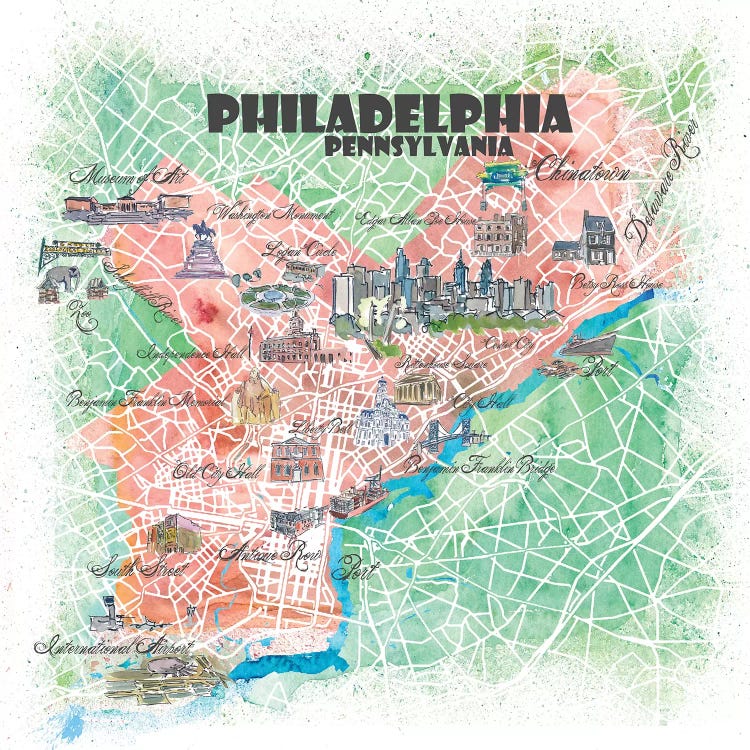 Philadelphia Pennsylvania USA Illustrated Map by Markus & Martina Bleichner wall art
