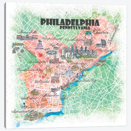 Philadelphia Pennsylvania USA Illustrated Map Canvas Print #MMB110} by Markus & Martina Bleichner Art Print