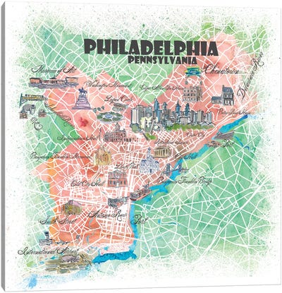 Philadelphia Pennsylvania USA Illustrated Map Canvas Art Print - Philadelphia Maps