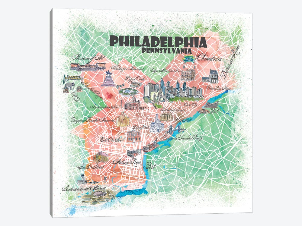 Philadelphia Pennsylvania USA Illustrated Map by Markus & Martina Bleichner 1-piece Canvas Print