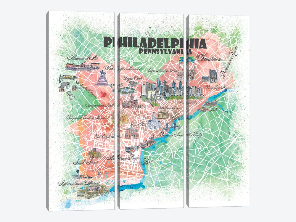Philadelphia Pennsylvania USA Illustrated Map by Markus & Martina Bleichner 3-piece Art Print