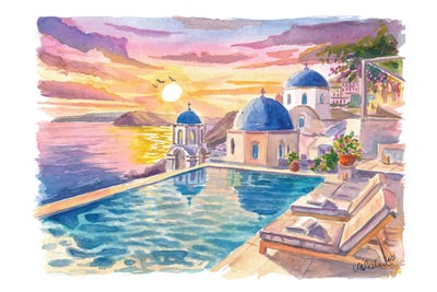 Canvas Print: Santorini Oia Blue Domes Travel Art With Infinity Pool View by Markus & Martina Bleichner - thumbnail