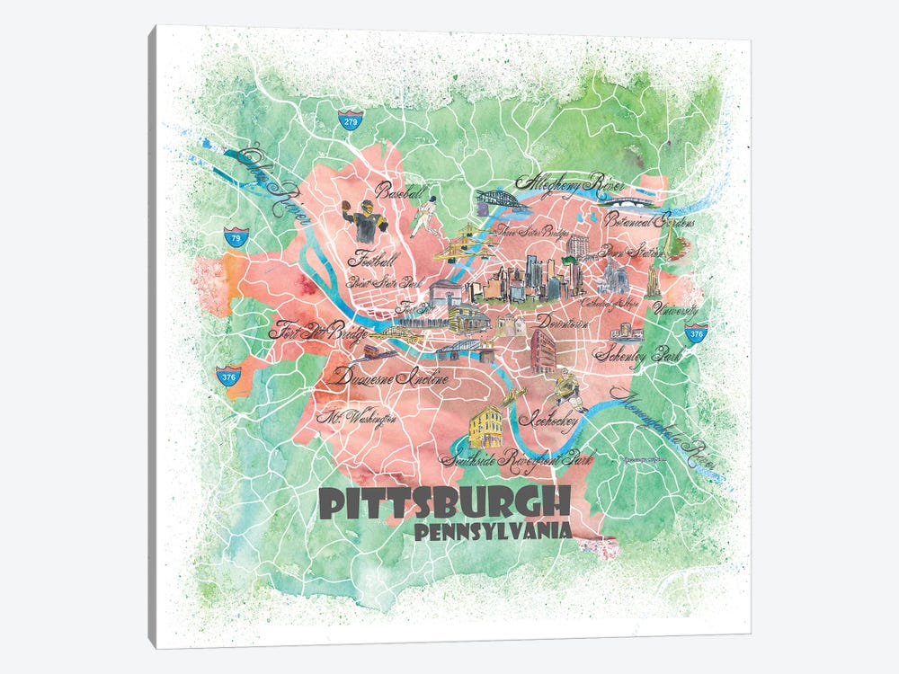 Pittsburgh Pennsylvania Illustrated Map by Markus & Martina Bleichner 1-piece Canvas Art