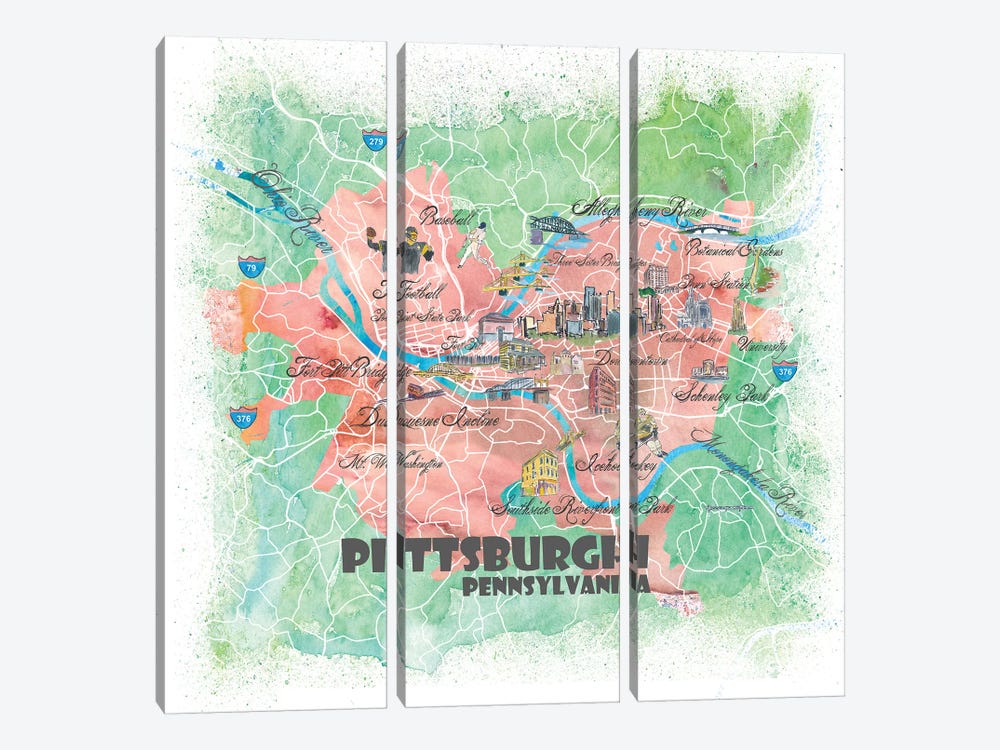 Pittsburgh Pennsylvania Illustrated Map by Markus & Martina Bleichner 3-piece Canvas Artwork