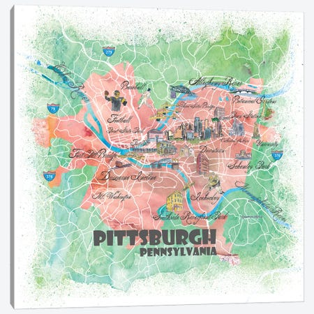 Pittsburgh Pennsylvania Illustrated Map Canvas Print #MMB111} by Markus & Martina Bleichner Canvas Print