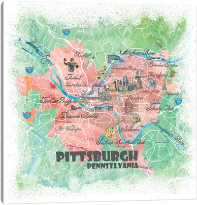 Pittsburgh Pennsylvania Illustrated Map Canvas Art Print - PIttsburgh Maps