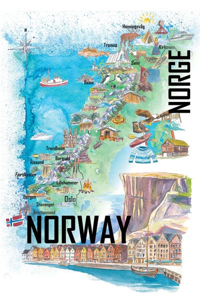 Canvas Print: Illustrated Norway Country Map by Markus & Martina Bleichner - thumbnail