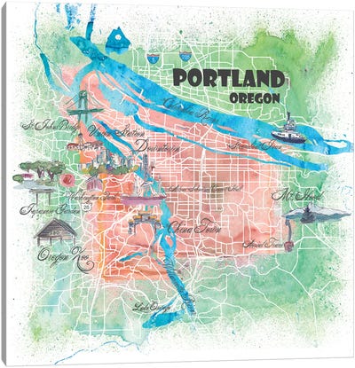 Portland Oregon USA Illustrated Map Canvas Art Print - Portland Art