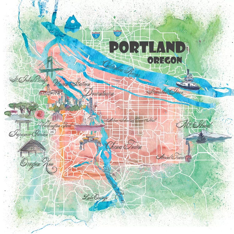 Portland Oregon USA Illustrated Map by Markus & Martina Bleichner wall art