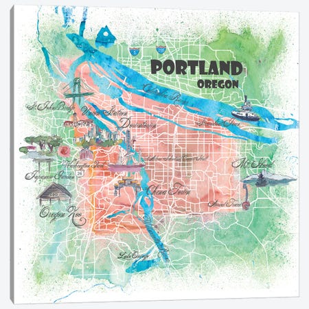 Portland Oregon USA Illustrated Map Canvas Print #MMB112} by Markus & Martina Bleichner Canvas Art Print