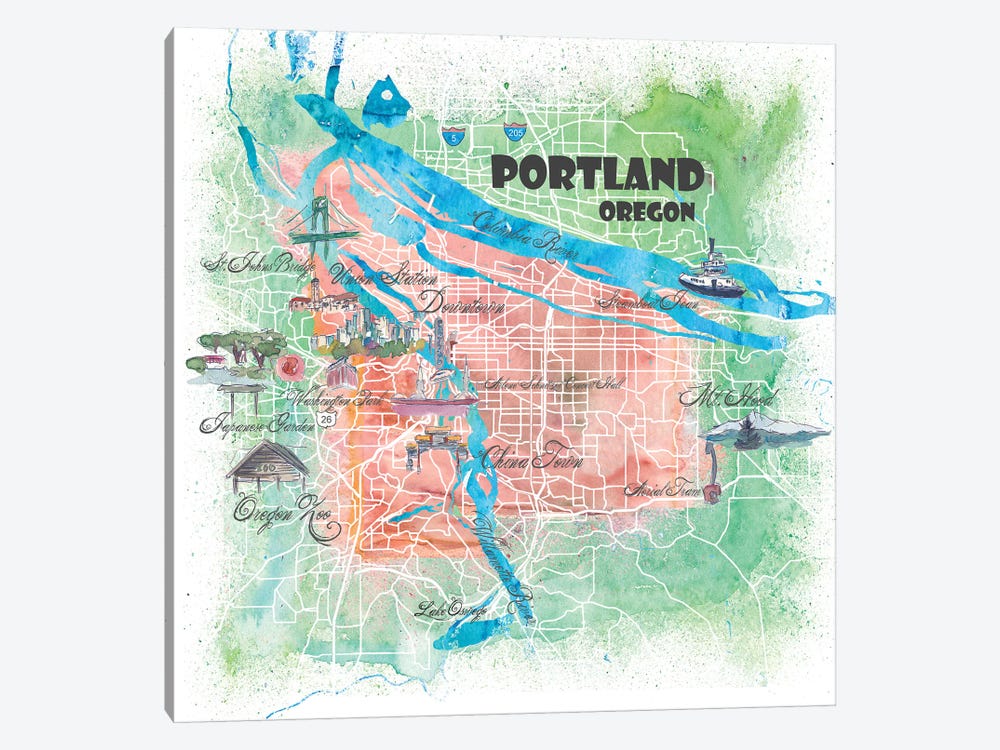 Portland Oregon USA Illustrated Map by Markus & Martina Bleichner 1-piece Canvas Art Print