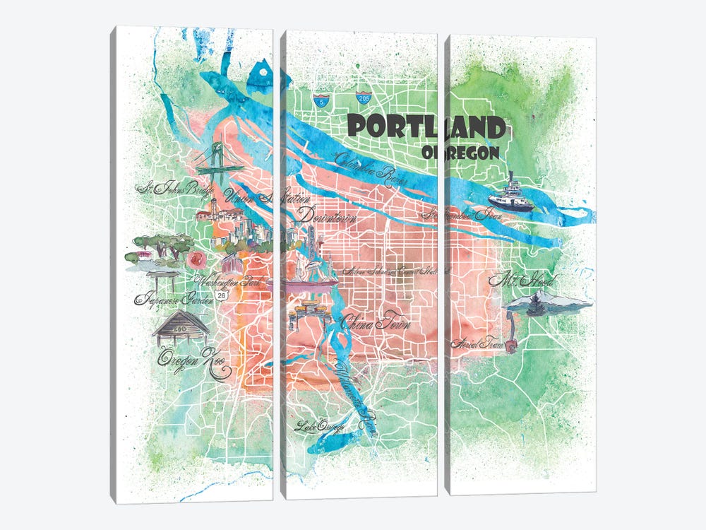 Portland Oregon USA Illustrated Map by Markus & Martina Bleichner 3-piece Canvas Art Print