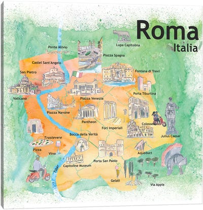 Rome Italy Illustrated Travel Poster Canvas Art Print - Rome Art