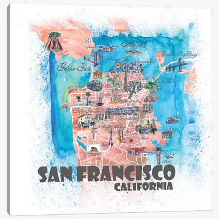 San Francisco USA Illustrated Map Canvas Print #MMB114} by Markus & Martina Bleichner Canvas Wall Art