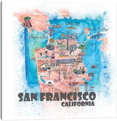 San Francisco USA Illustrated Map Canvas Art Print - San Francisco Maps