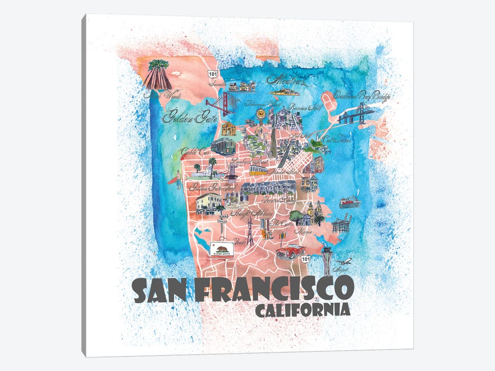 San Francisco USA Illustrated Map by Markus & Martina Bleichner 1-piece Canvas Art Print