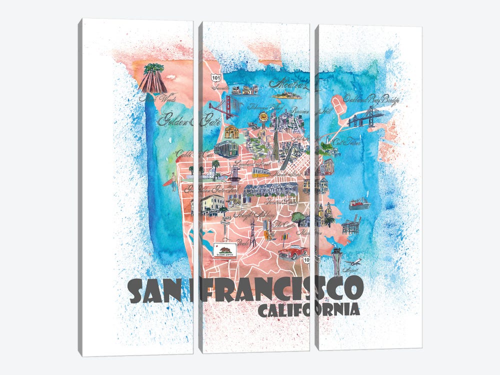 San Francisco USA Illustrated Map by Markus & Martina Bleichner 3-piece Canvas Art Print