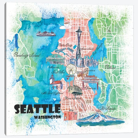 Seattle Washington Illustrated Map Canvas Print #MMB115} by Markus & Martina Bleichner Canvas Art